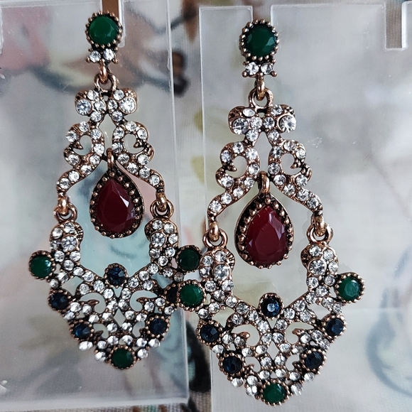 Turkish Pierced Gold Tone Pierced Earrings Emerald Sapphire Burgundy Clear Color - Picture 2 of 9